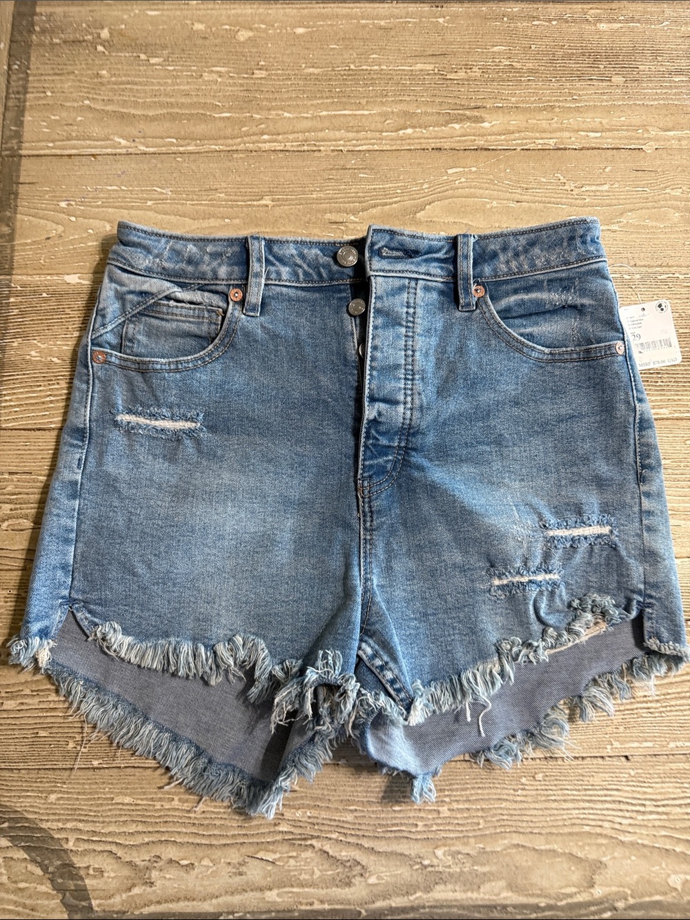 Free People Hightide Blue Frayed Hem Distressed Denim Shorts size 29